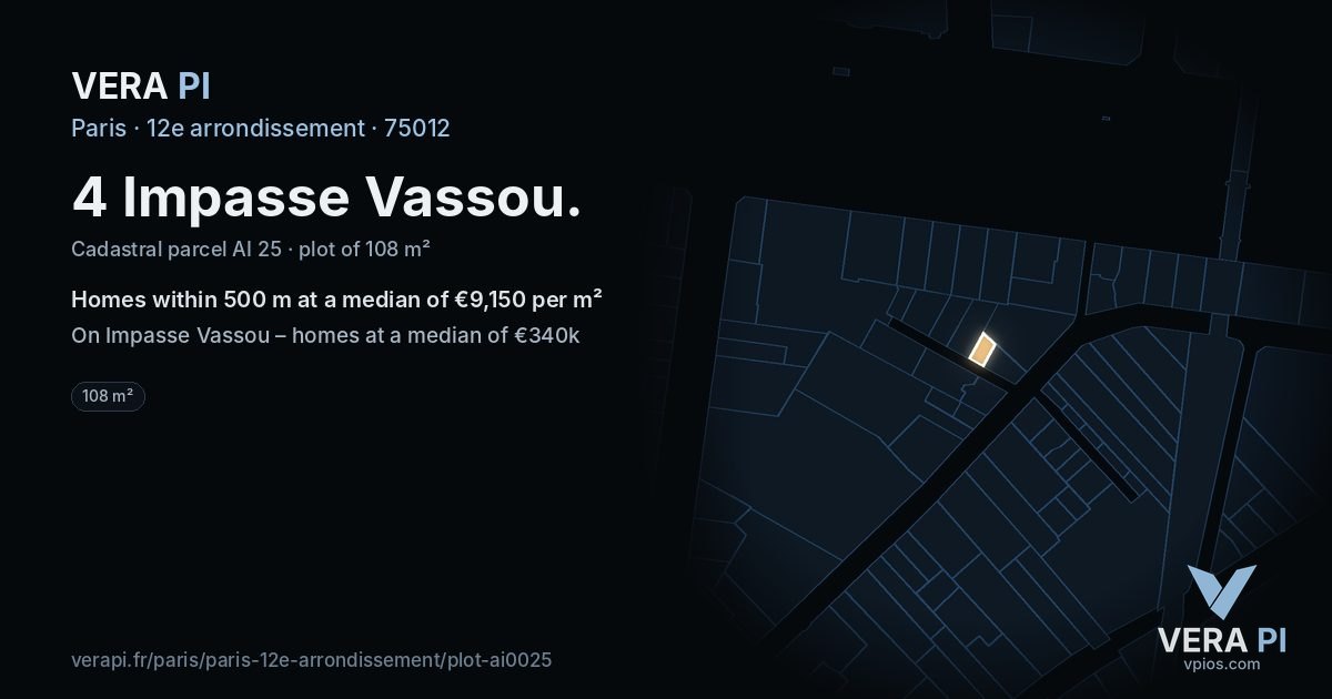 4 Impasse Vassou, 12e arrondissement at night – the plot lit, the parcels around coloured by the prices near them