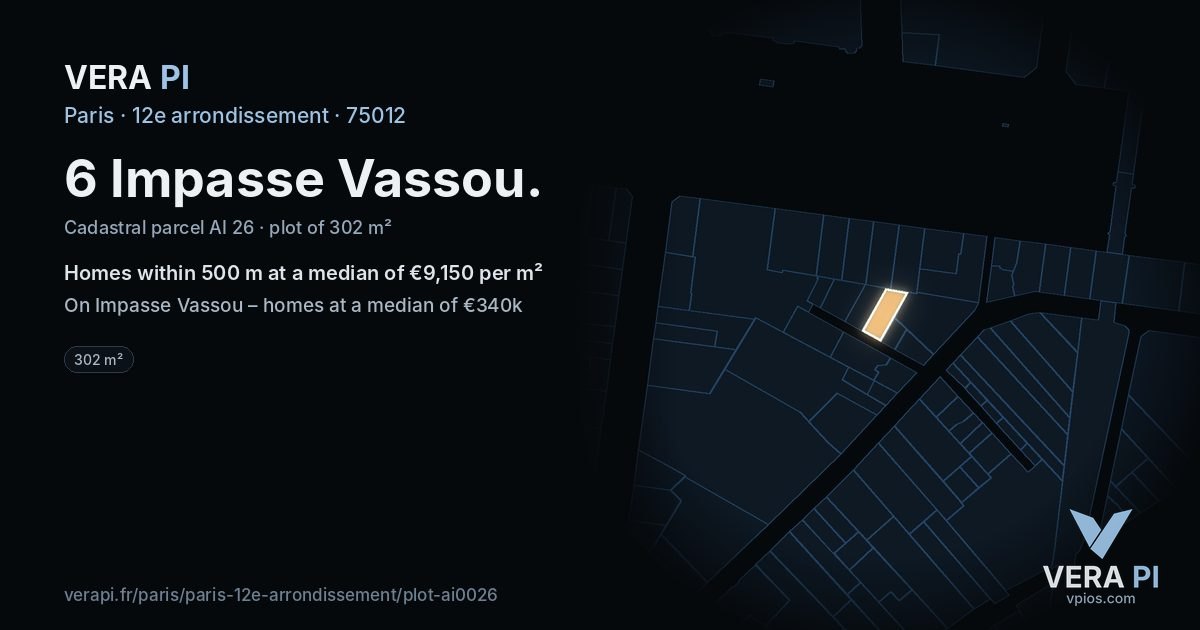 6 Impasse Vassou, 12e arrondissement at night – the plot lit, the parcels around coloured by the prices near them