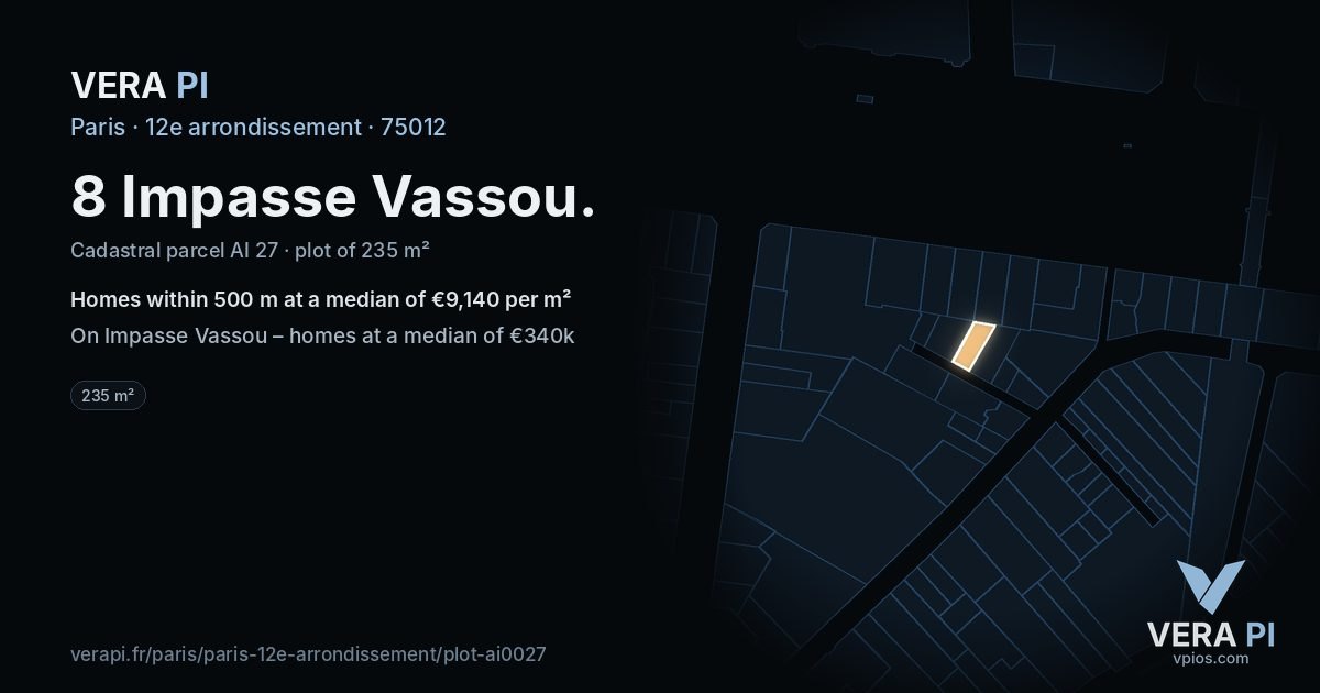 8 Impasse Vassou, 12e arrondissement at night – the plot lit, the parcels around coloured by the prices near them