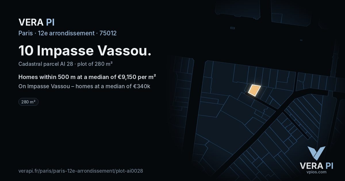10 Impasse Vassou, 12e arrondissement at night – the plot lit, the parcels around coloured by the prices near them