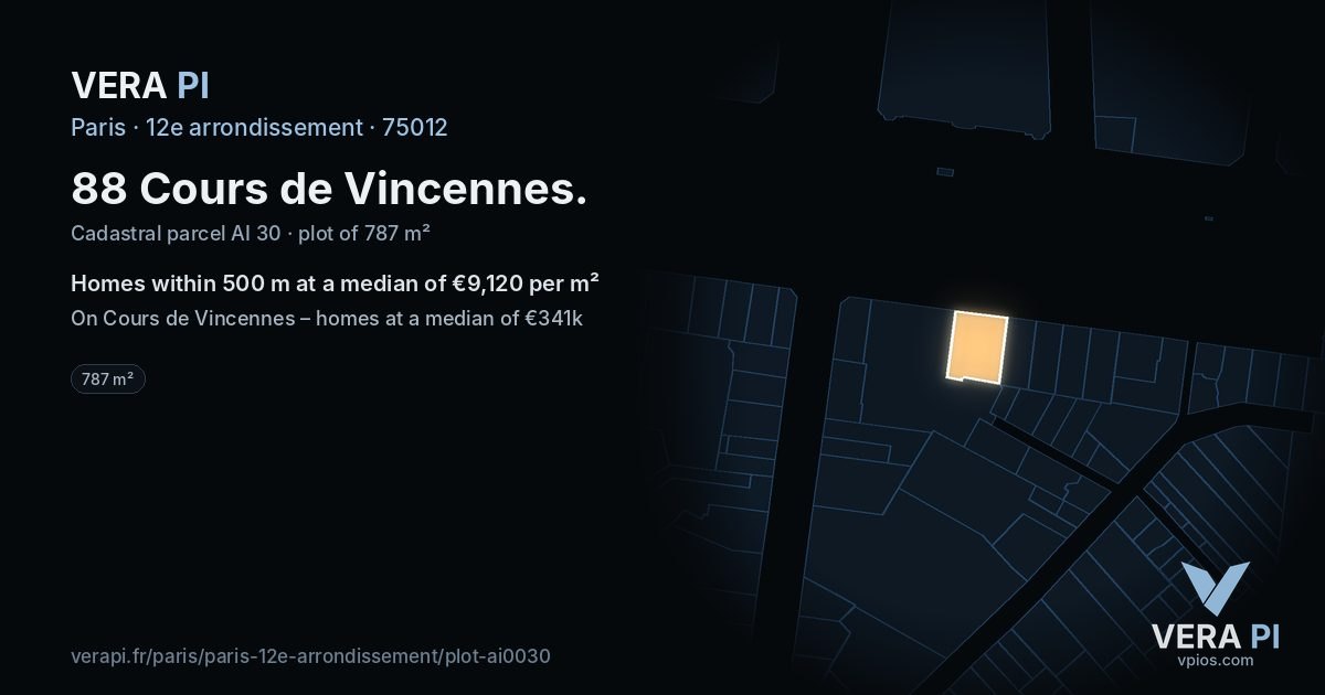 88 Cours de Vincennes, 12e arrondissement at night – the plot lit, the parcels around coloured by the prices near them