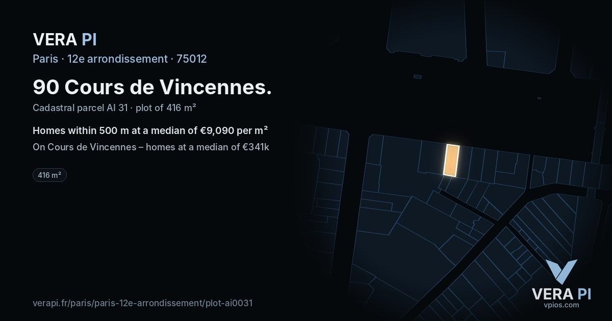 90 Cours de Vincennes, 12e arrondissement at night – the plot lit, the parcels around coloured by the prices near them