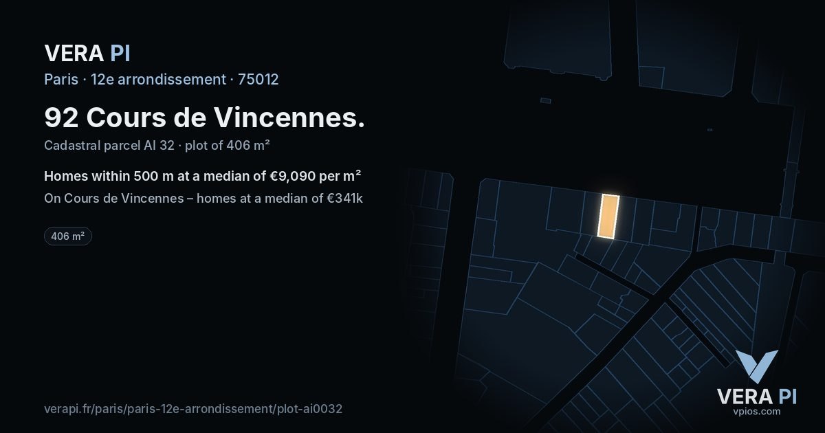 92 Cours de Vincennes, 12e arrondissement at night – the plot lit, the parcels around coloured by the prices near them