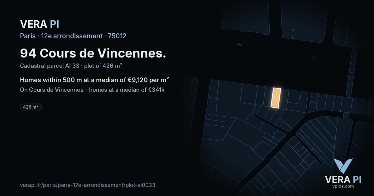 94 Cours de Vincennes, 12e arrondissement at night – the plot lit, the parcels around coloured by the prices near them