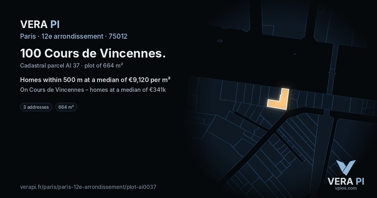 100 Cours de Vincennes, 12e arrondissement at night – the plot lit, the parcels around coloured by the prices near them