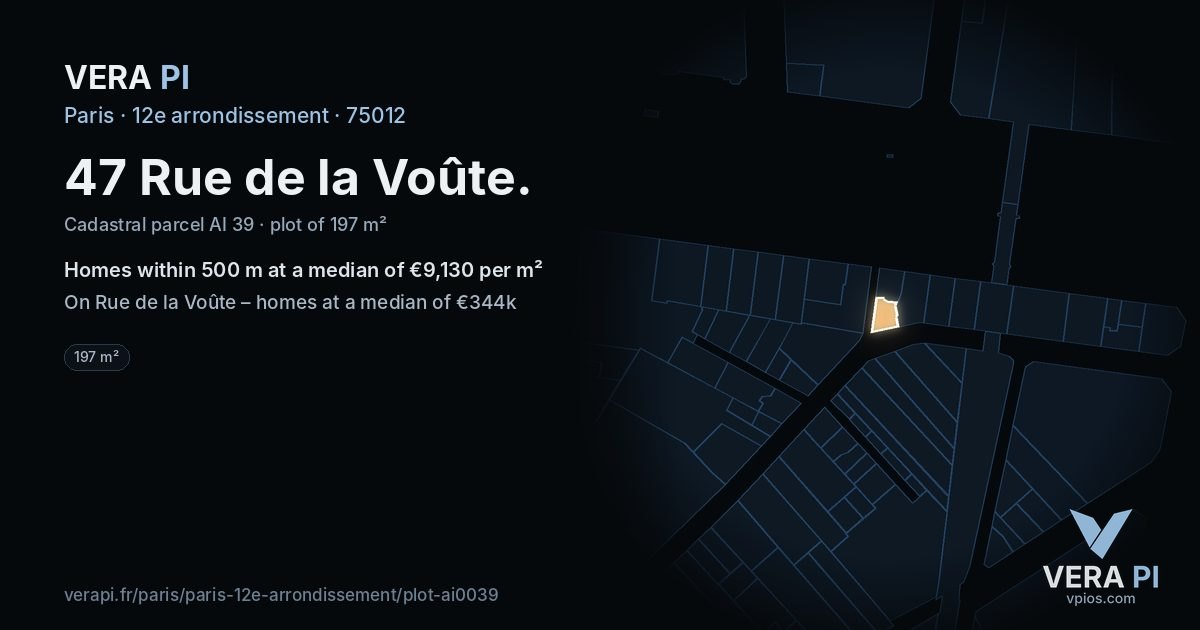 47 Rue de la Voûte, 12e arrondissement at night – the plot lit, the parcels around coloured by the prices near them