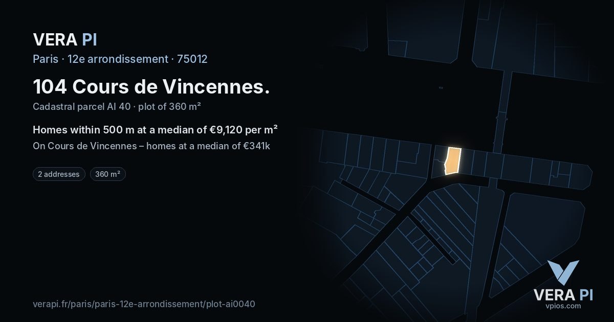 104 Cours de Vincennes, 12e arrondissement at night – the plot lit, the parcels around coloured by the prices near them