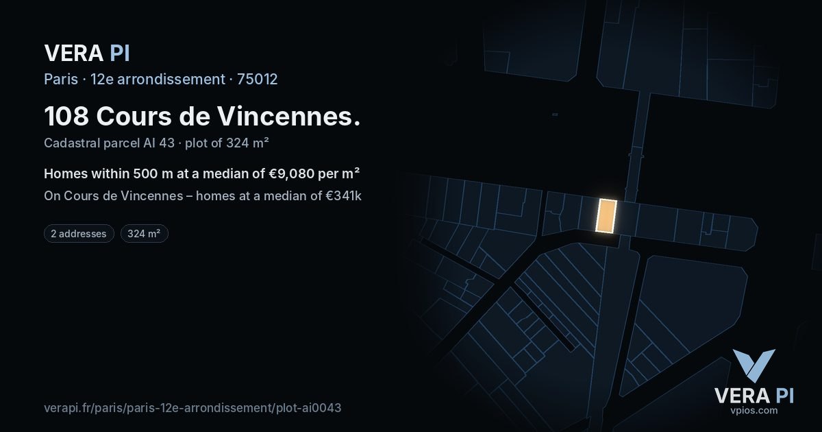 108 Cours de Vincennes, 12e arrondissement at night – the plot lit, the parcels around coloured by the prices near them
