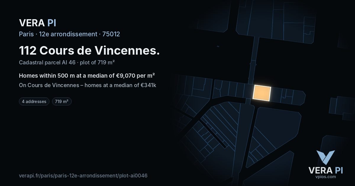 112 Cours de Vincennes, 12e arrondissement at night – the plot lit, the parcels around coloured by the prices near them