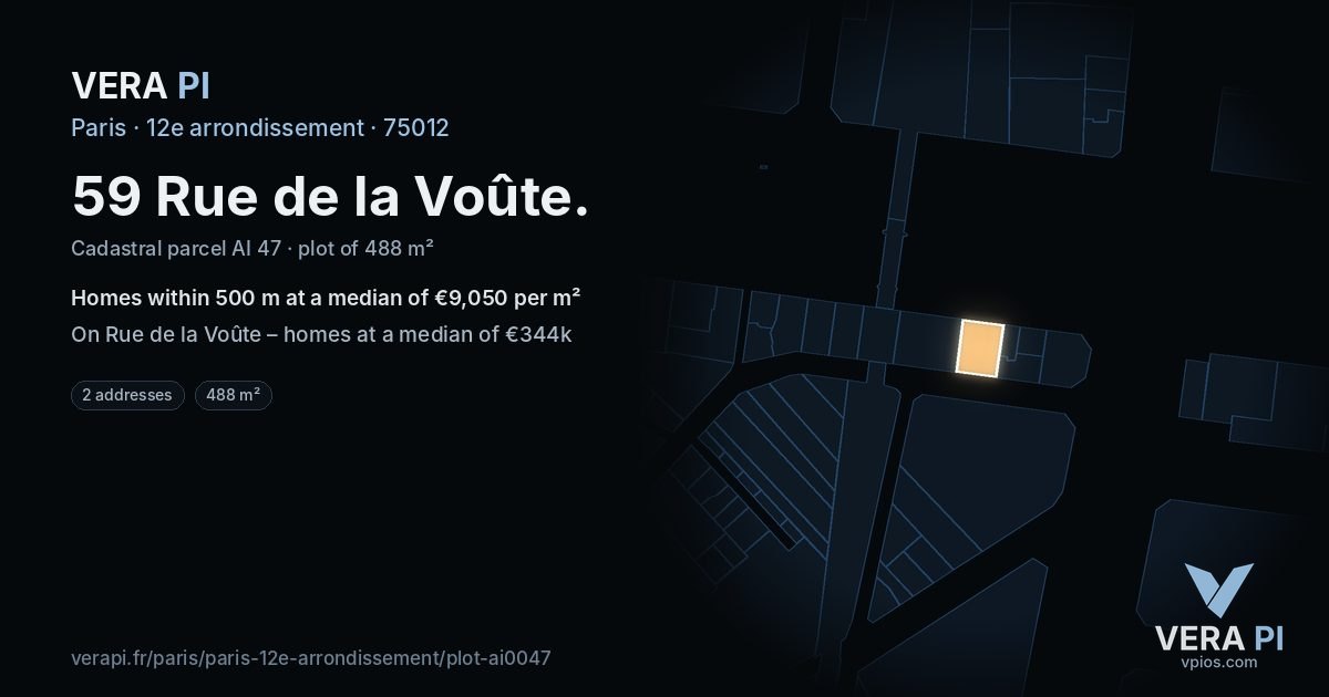 59 Rue de la Voûte, 12e arrondissement at night – the plot lit, the parcels around coloured by the prices near them