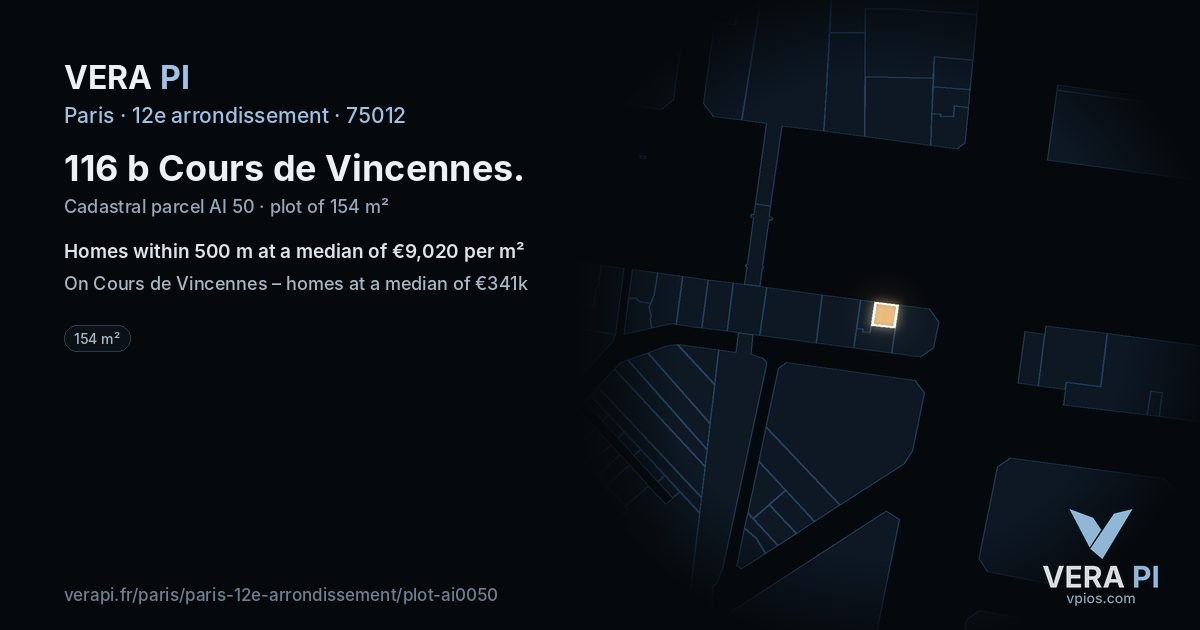116 b Cours de Vincennes, 12e arrondissement at night – the plot lit, the parcels around coloured by the prices near them