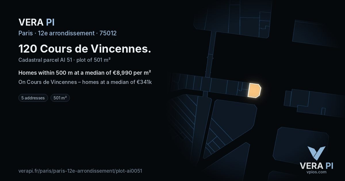 120 Cours de Vincennes, 12e arrondissement at night – the plot lit, the parcels around coloured by the prices near them
