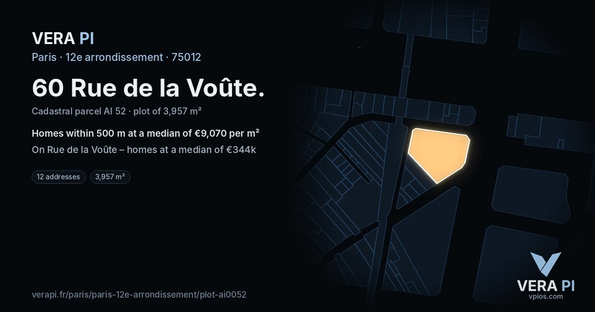 60 Rue de la Voûte, 12e arrondissement at night – the plot lit, the parcels around coloured by the prices near them