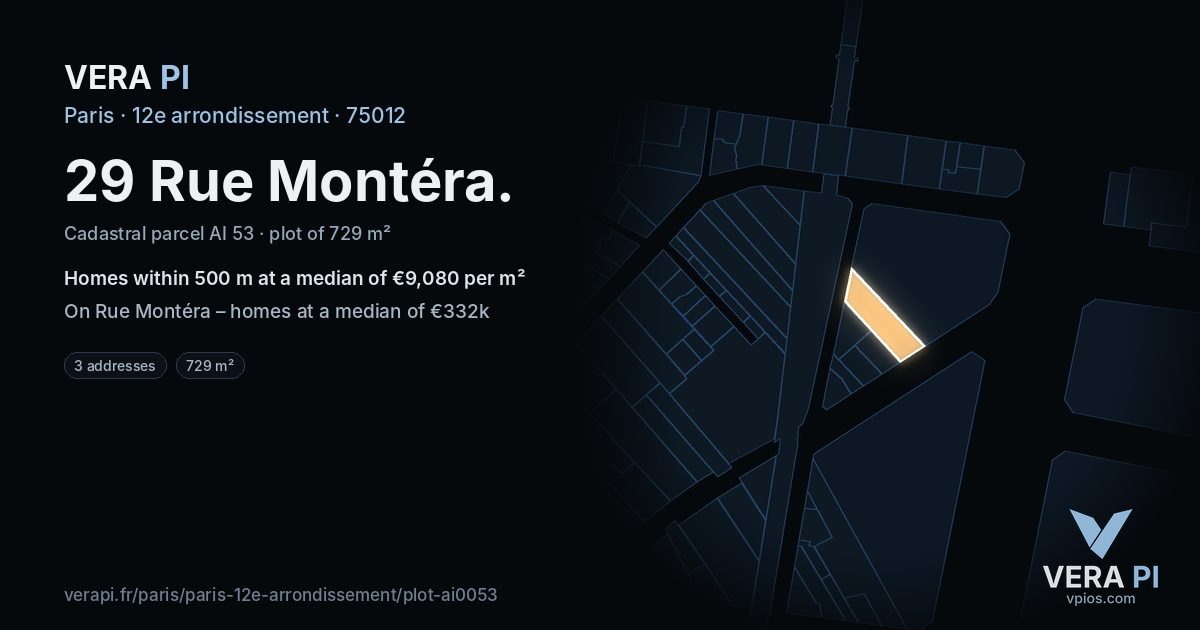29 Rue Montéra, 12e arrondissement at night – the plot lit, the parcels around coloured by the prices near them