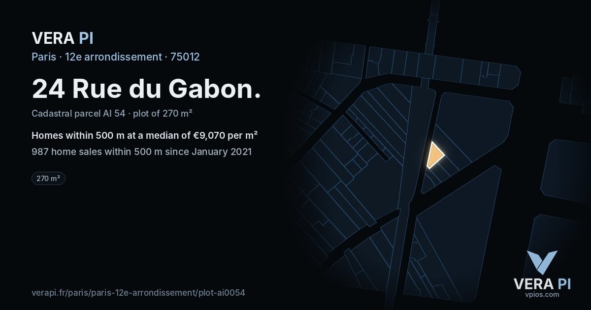 24 Rue du Gabon, 12e arrondissement at night – the plot lit, the parcels around coloured by the prices near them