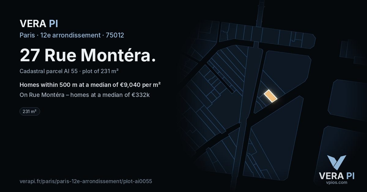 27 Rue Montéra, 12e arrondissement at night – the plot lit, the parcels around coloured by the prices near them
