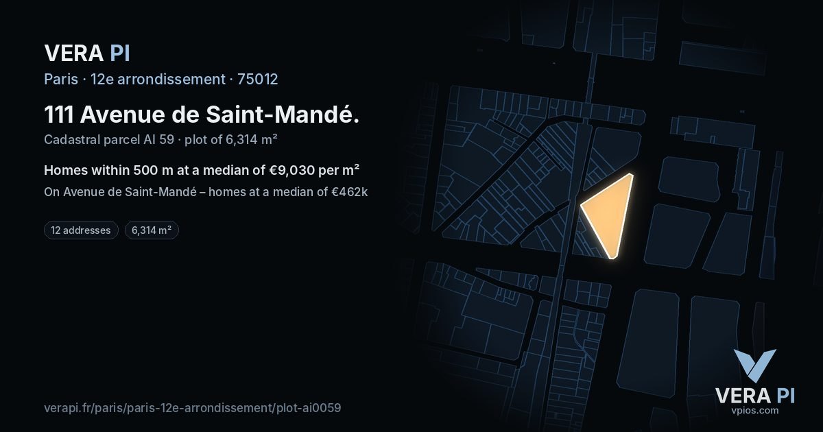 111 Avenue de Saint-Mandé, 12e arrondissement at night – the plot lit, the parcels around coloured by the prices near them