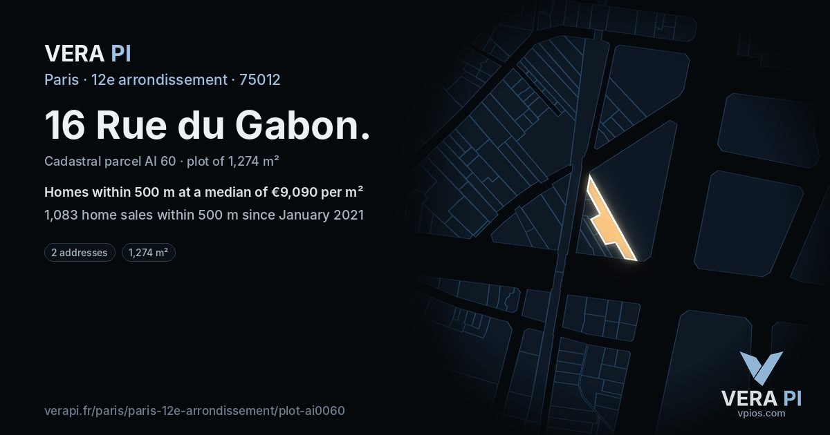16 Rue du Gabon, 12e arrondissement at night – the plot lit, the parcels around coloured by the prices near them