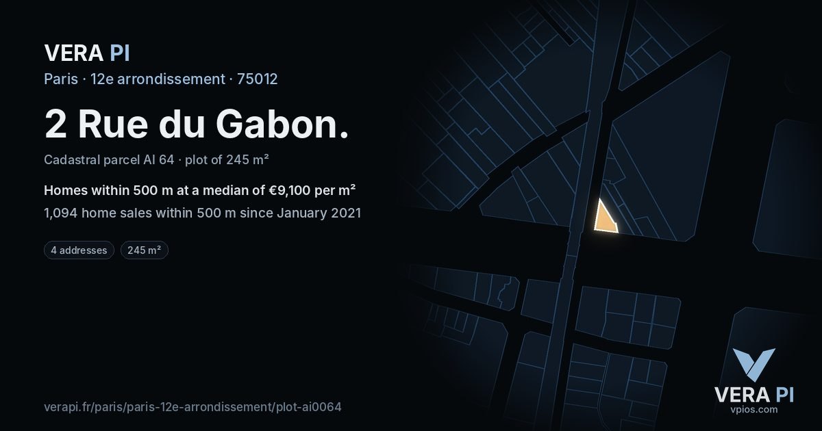 2 Rue du Gabon, 12e arrondissement at night – the plot lit, the parcels around coloured by the prices near them