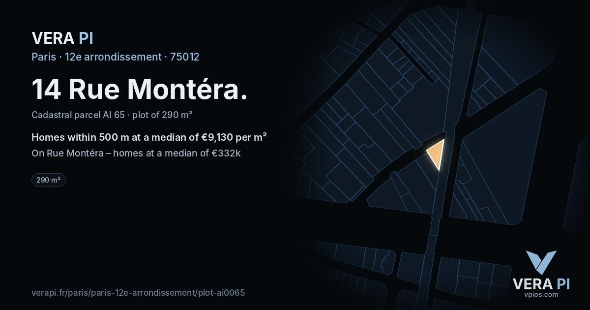 14 Rue Montéra, 12e arrondissement at night – the plot lit, the parcels around coloured by the prices near them