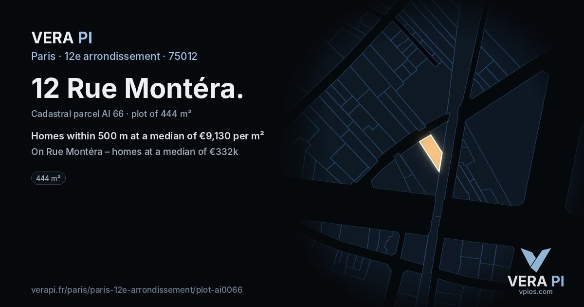 12 Rue Montéra, 12e arrondissement at night – the plot lit, the parcels around coloured by the prices near them
