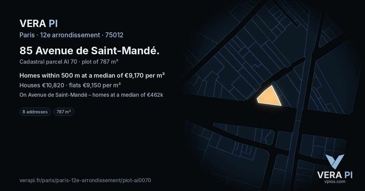 85 Avenue de Saint-Mandé, 12e arrondissement at night – the plot lit, the parcels around coloured by the prices near them