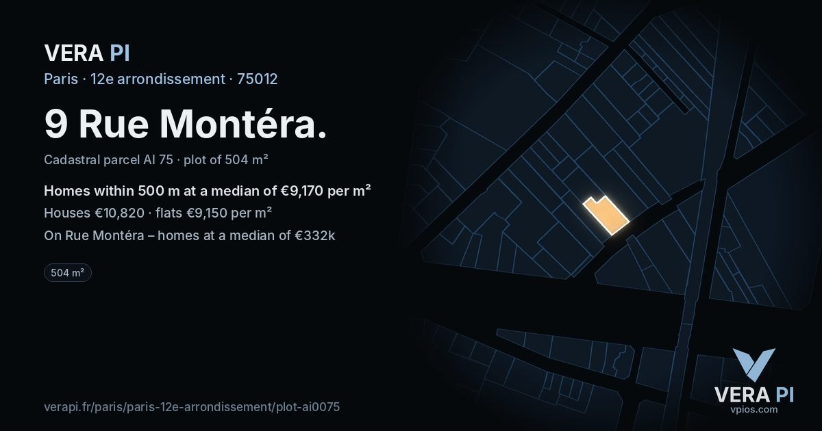 9 Rue Montéra, 12e arrondissement at night – the plot lit, the parcels around coloured by the prices near them