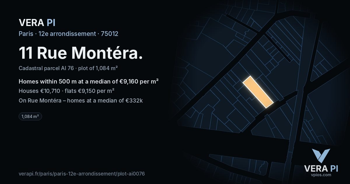11 Rue Montéra, 12e arrondissement at night – the plot lit, the parcels around coloured by the prices near them