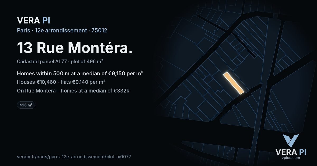 13 Rue Montéra, 12e arrondissement at night – the plot lit, the parcels around coloured by the prices near them