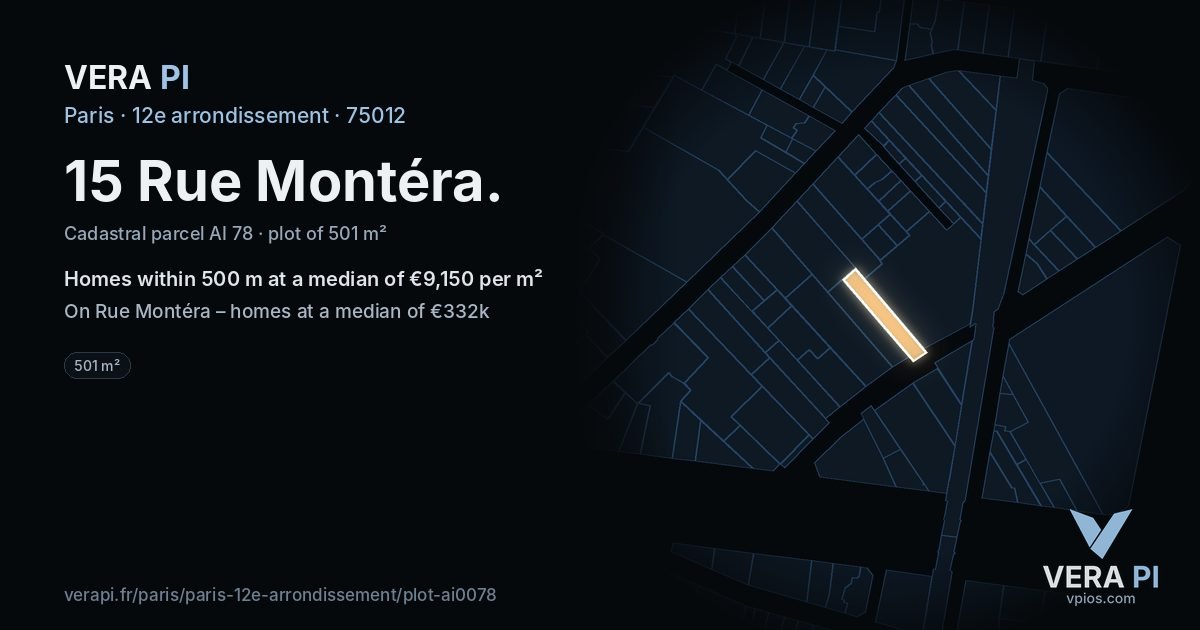 15 Rue Montéra, 12e arrondissement at night – the plot lit, the parcels around coloured by the prices near them