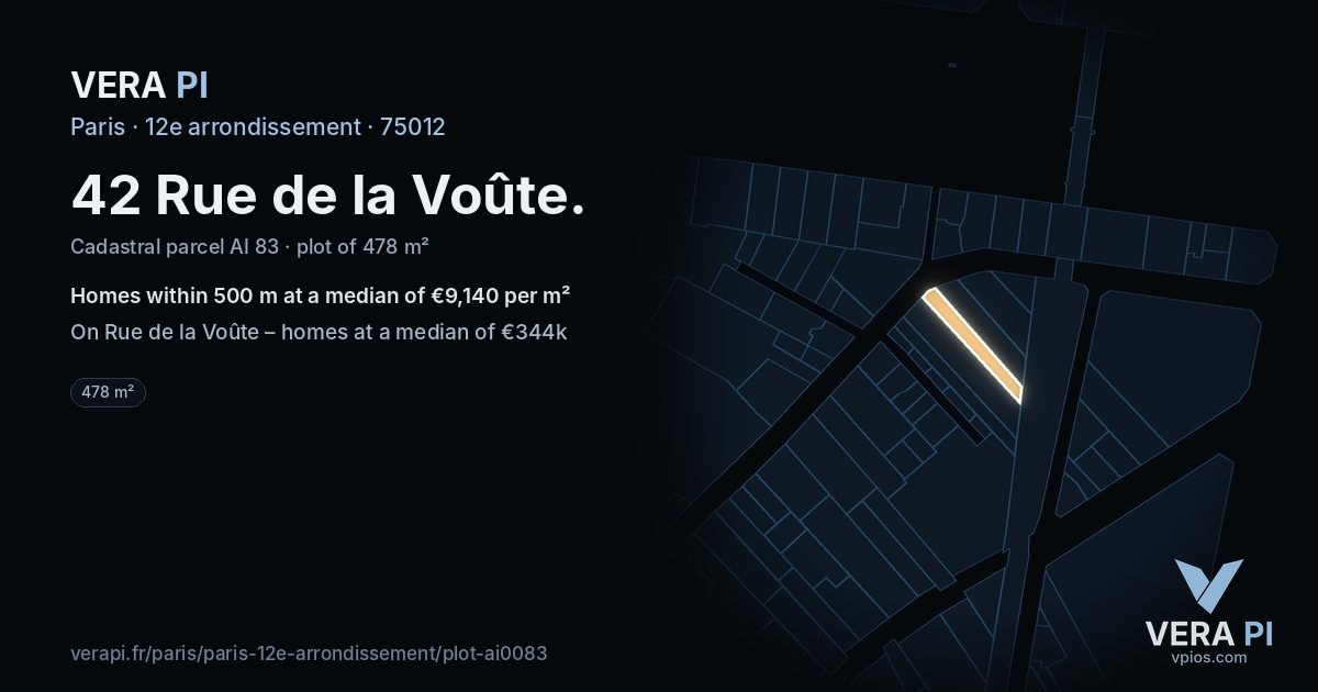 42 Rue de la Voûte, 12e arrondissement at night – the plot lit, the parcels around coloured by the prices near them