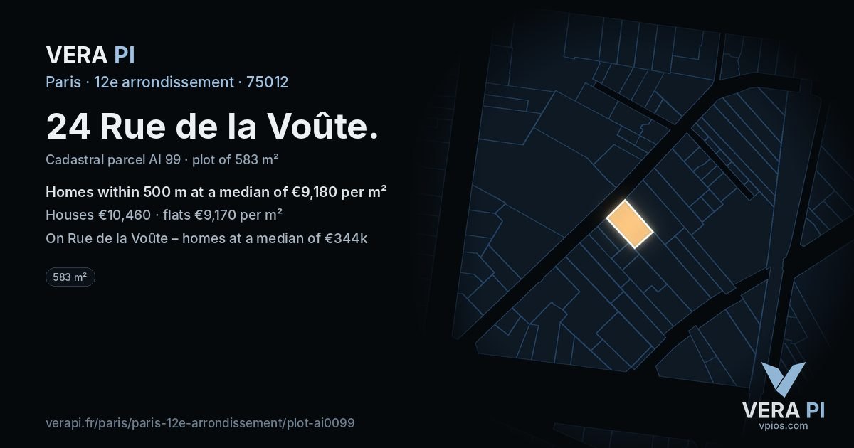 24 Rue de la Voûte, 12e arrondissement at night – the plot lit, the parcels around coloured by the prices near them