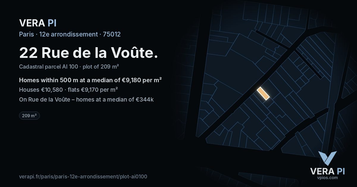 22 Rue de la Voûte, 12e arrondissement at night – the plot lit, the parcels around coloured by the prices near them