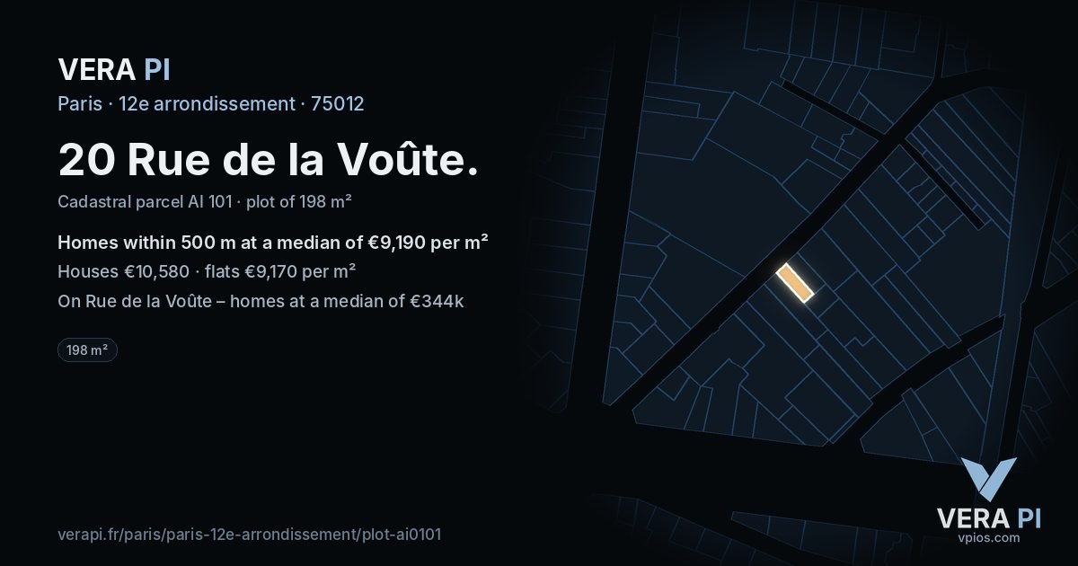20 Rue de la Voûte, 12e arrondissement at night – the plot lit, the parcels around coloured by the prices near them