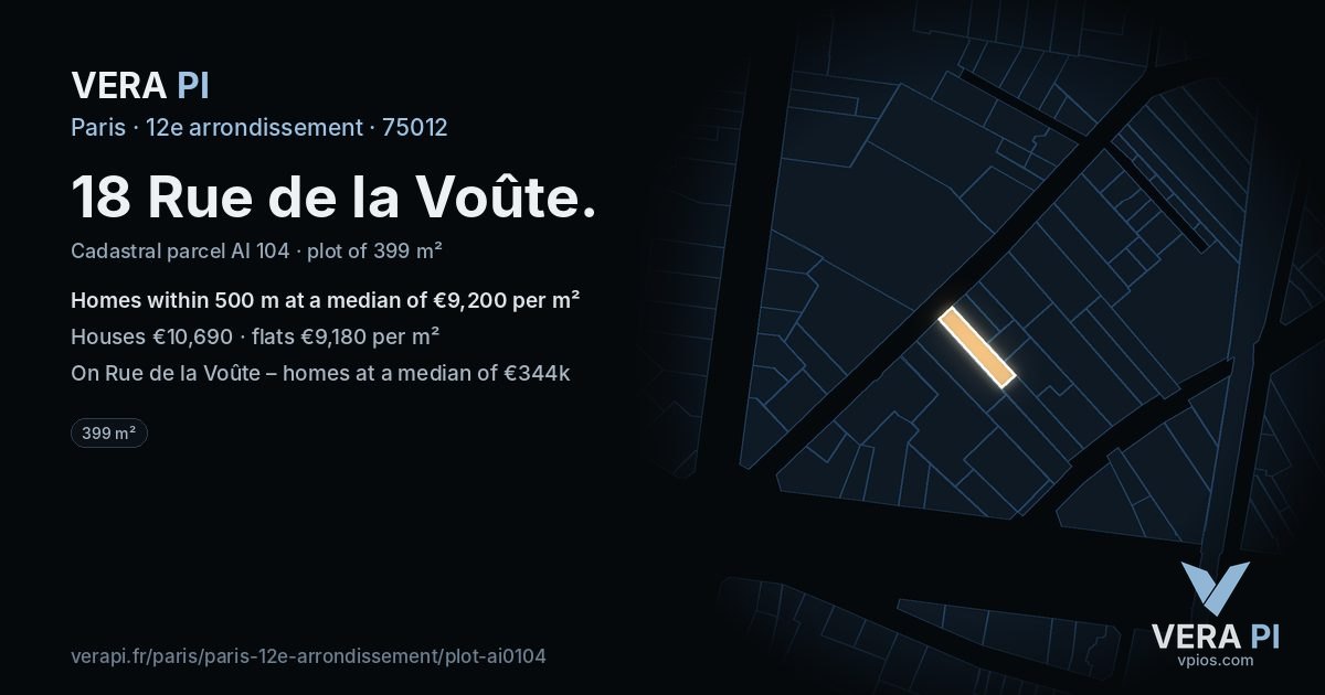 18 Rue de la Voûte, 12e arrondissement at night – the plot lit, the parcels around coloured by the prices near them