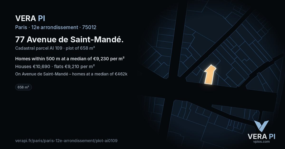 77 Avenue de Saint-Mandé, 12e arrondissement at night – the plot lit, the parcels around coloured by the prices near them
