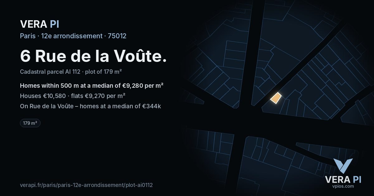 6 Rue de la Voûte, 12e arrondissement at night – the plot lit, the parcels around coloured by the prices near them