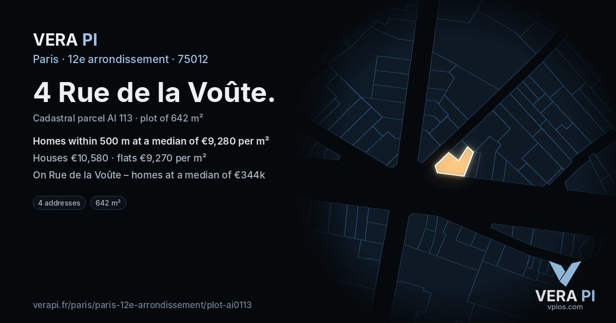 4 Rue de la Voûte, 12e arrondissement at night – the plot lit, the parcels around coloured by the prices near them