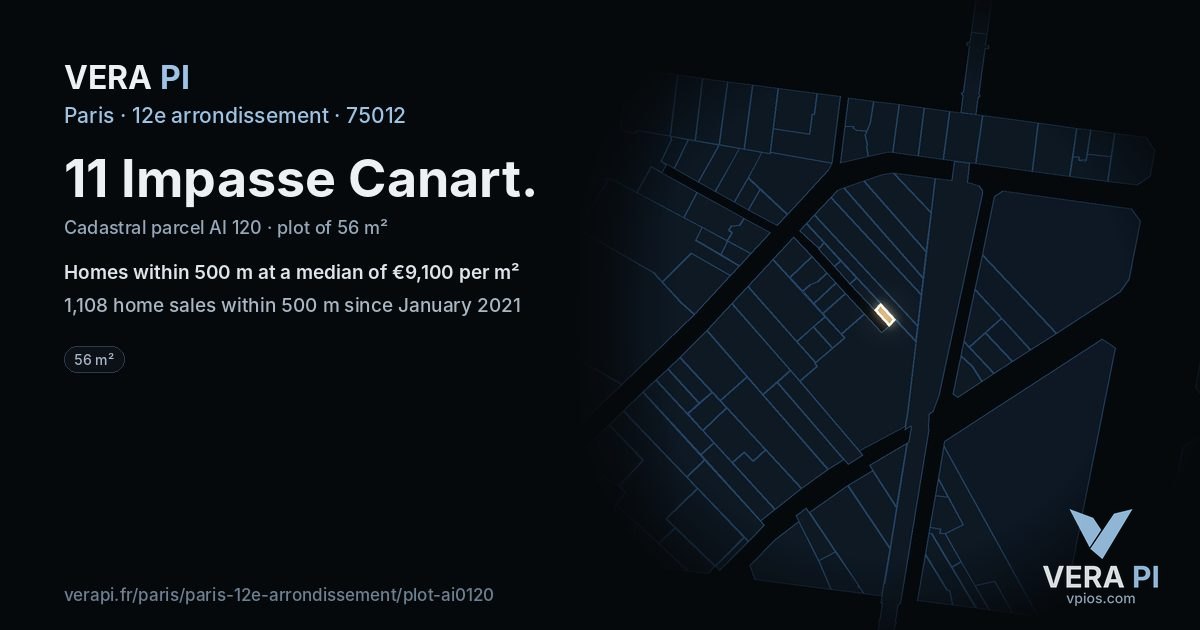 11 Impasse Canart, 12e arrondissement at night – the plot lit, the parcels around coloured by the prices near them