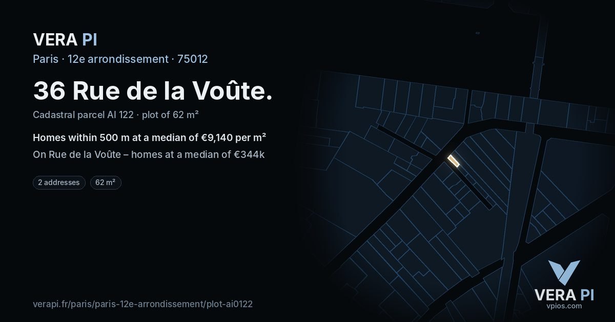 36 Rue de la Voûte, 12e arrondissement at night – the plot lit, the parcels around coloured by the prices near them