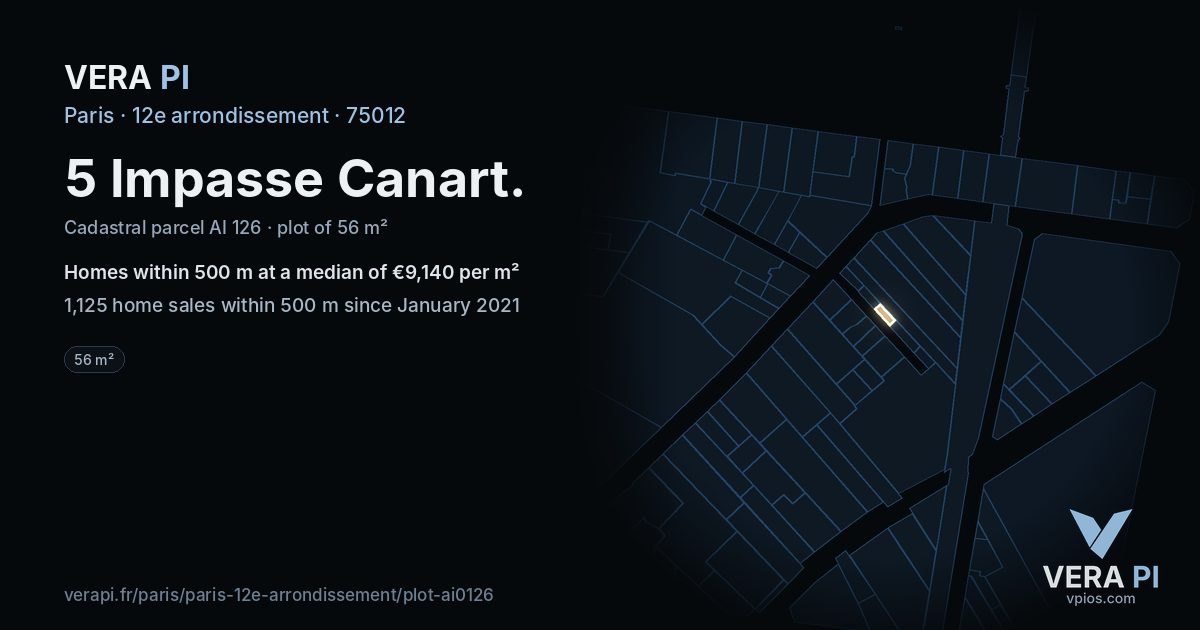 5 Impasse Canart, 12e arrondissement at night – the plot lit, the parcels around coloured by the prices near them