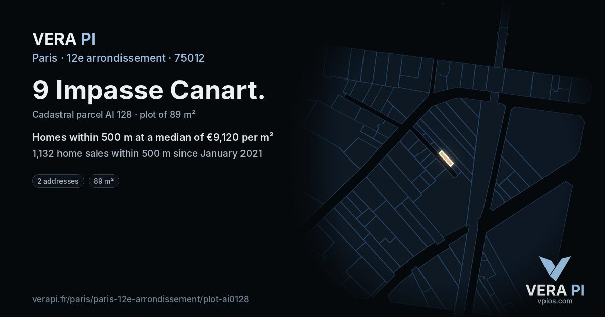 9 Impasse Canart, 12e arrondissement at night – the plot lit, the parcels around coloured by the prices near them