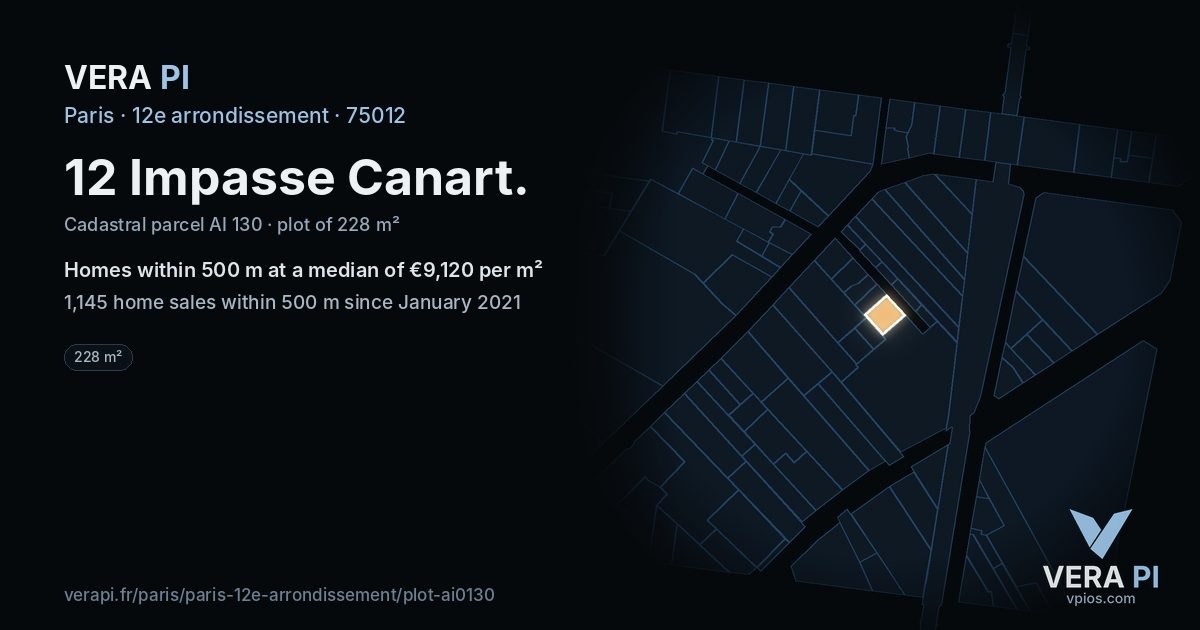 12 Impasse Canart, 12e arrondissement at night – the plot lit, the parcels around coloured by the prices near them