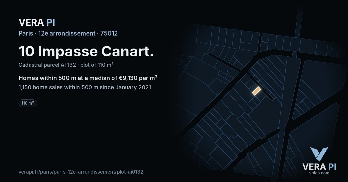 10 Impasse Canart, 12e arrondissement at night – the plot lit, the parcels around coloured by the prices near them