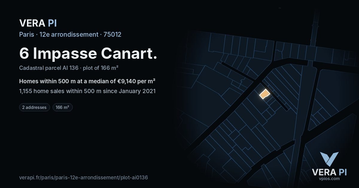 6 Impasse Canart, 12e arrondissement at night – the plot lit, the parcels around coloured by the prices near them