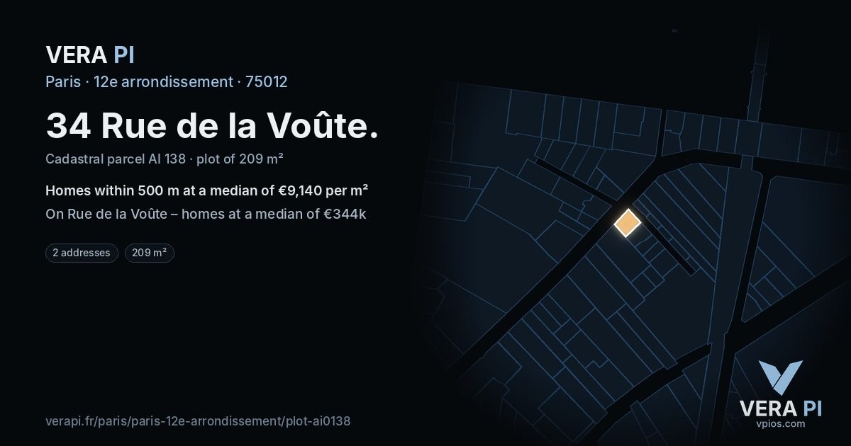 34 Rue de la Voûte, 12e arrondissement at night – the plot lit, the parcels around coloured by the prices near them