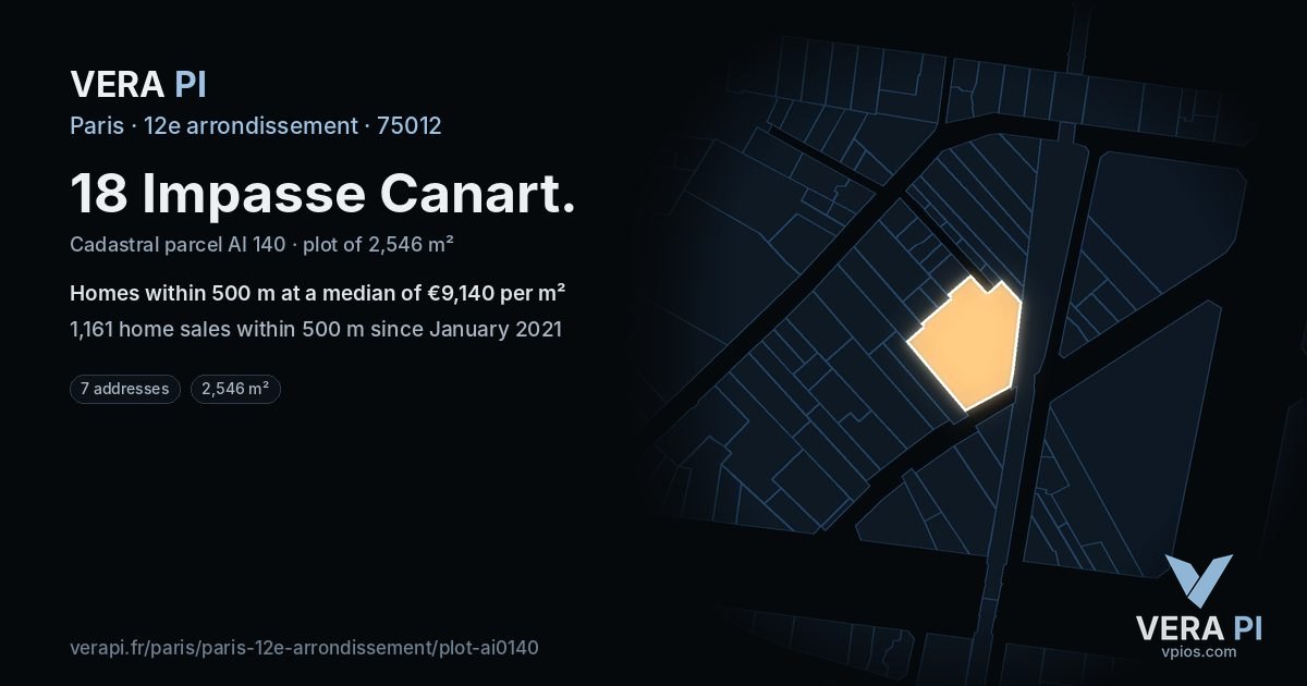 18 Impasse Canart, 12e arrondissement at night – the plot lit, the parcels around coloured by the prices near them