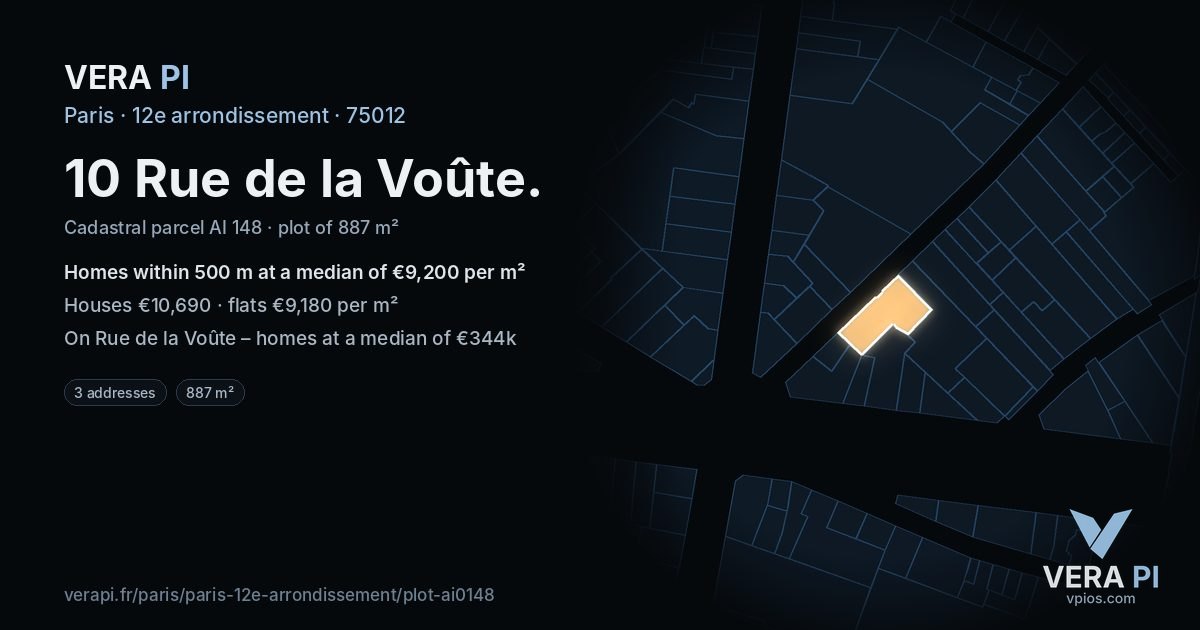 10 Rue de la Voûte, 12e arrondissement at night – the plot lit, the parcels around coloured by the prices near them