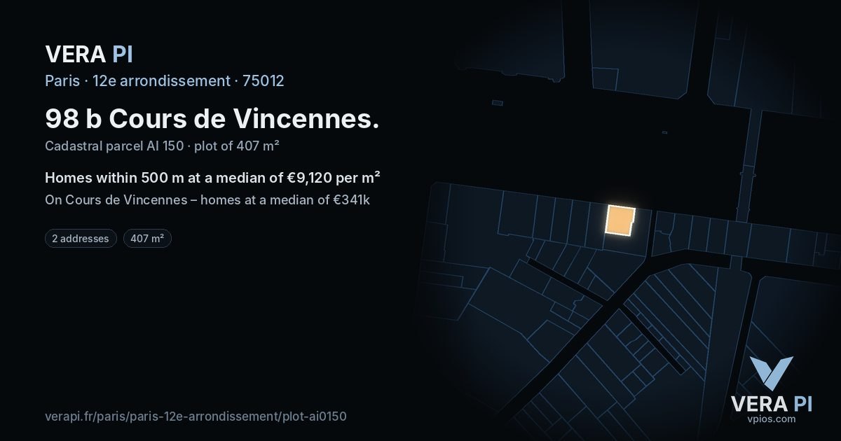 98 b Cours de Vincennes, 12e arrondissement at night – the plot lit, the parcels around coloured by the prices near them