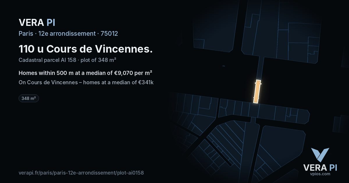 110 u Cours de Vincennes, 12e arrondissement at night – the plot lit, the parcels around coloured by the prices near them